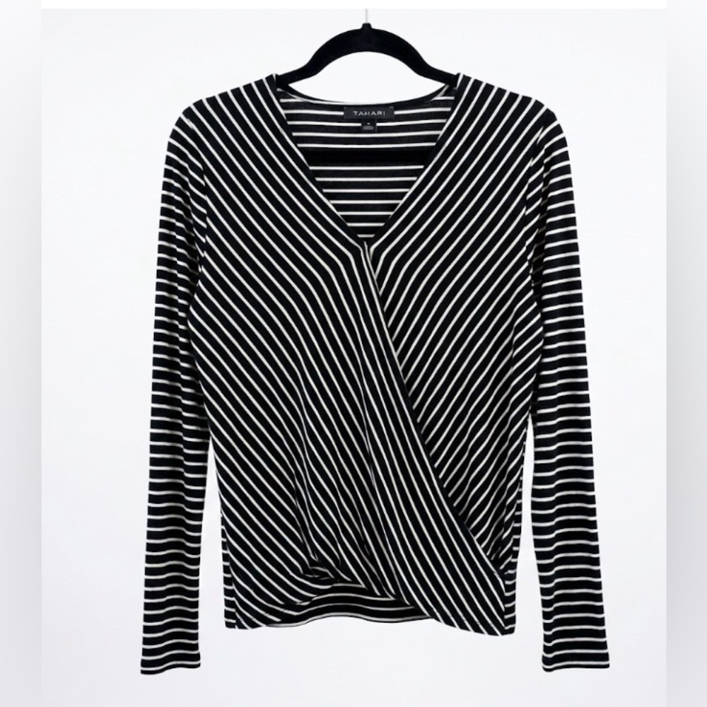 Tahari XL Black White Striped Faux Wrap Top Long Sleeve Rayon Business Casual